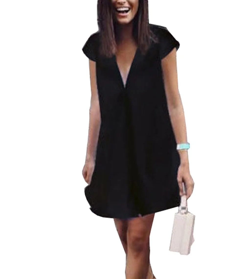 

Plus Size Women Summer Casual Solid Loose V-Neck Oversize Loose Chiffon Long Short Dress