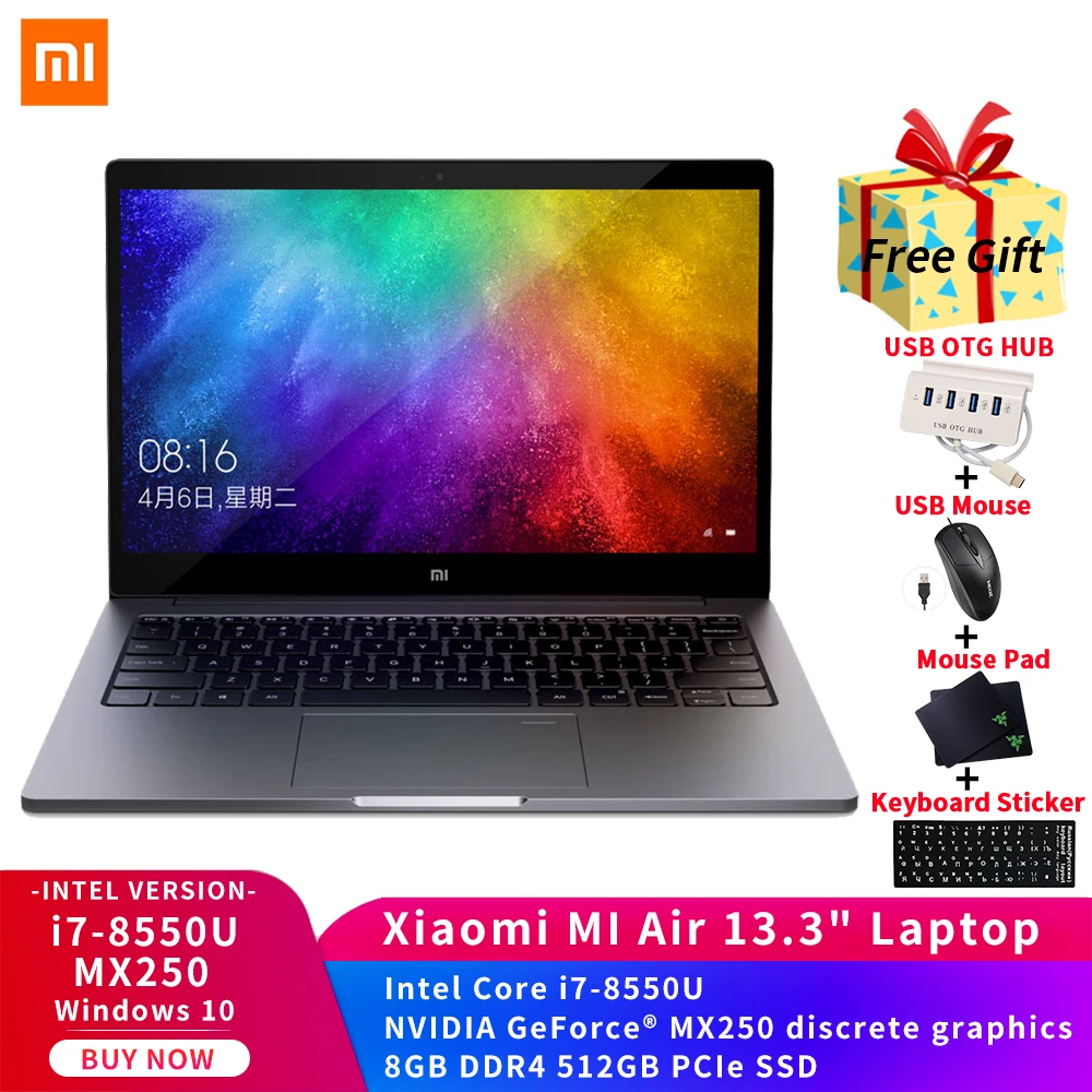 Xiaomi MI ноутбук Air 13 3 дюймов процессор Intel Core i7 8550U MX250 8 ГБ + 512 SSD FHD PC Высокая