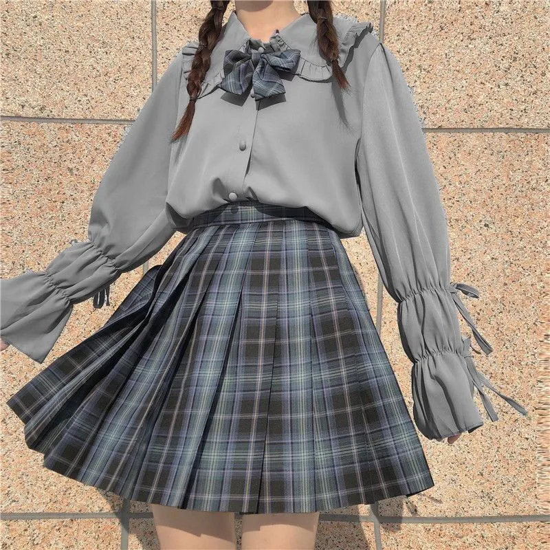 

Spring Summer Women Blouses Preppy Style JK Tops Long sleeve Sweet Girl Lace up Peter pan collar female blouses blusas mujer