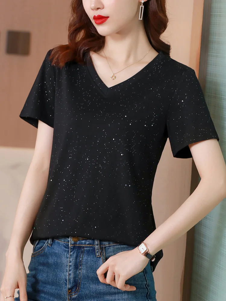 

Korean style Summer Cotton T-shirt Tops Women Short Sleeve Casual V Neck Large size M-3XL