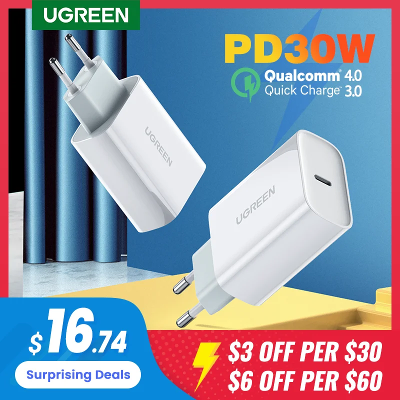 Зарядное устройство Ugreen PD 30 Вт USB Type C быстрое зарядное для iPhone 12 X Xs 8 Macbook Phone QC3.0 Quick