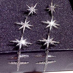 JUWANG New Fashion Long Silver Needle Earrings Super Shine Temperament Stars Rhinestone Elegant Ear Stud Jewelry Pendant Gift