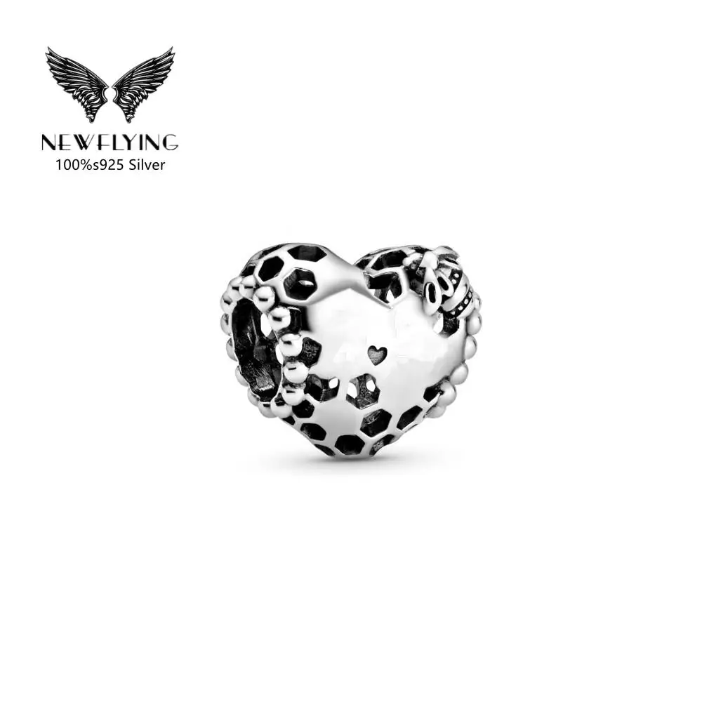 

925 Sterling Silver Bee Happy Honeycomb Heart Charm Pendant for Bracelet Making Jewelry
