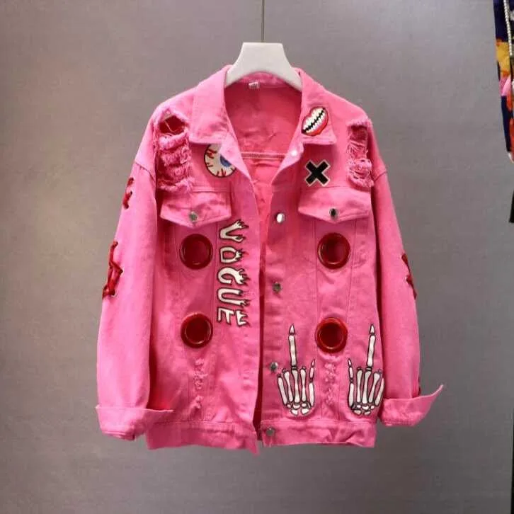

Red / Yellow Jeans Jacket New Spring Autumn Women's Graffiti Alphabet Printing Lace Bow Pin Hole Denim Jacket Student Basic Coat