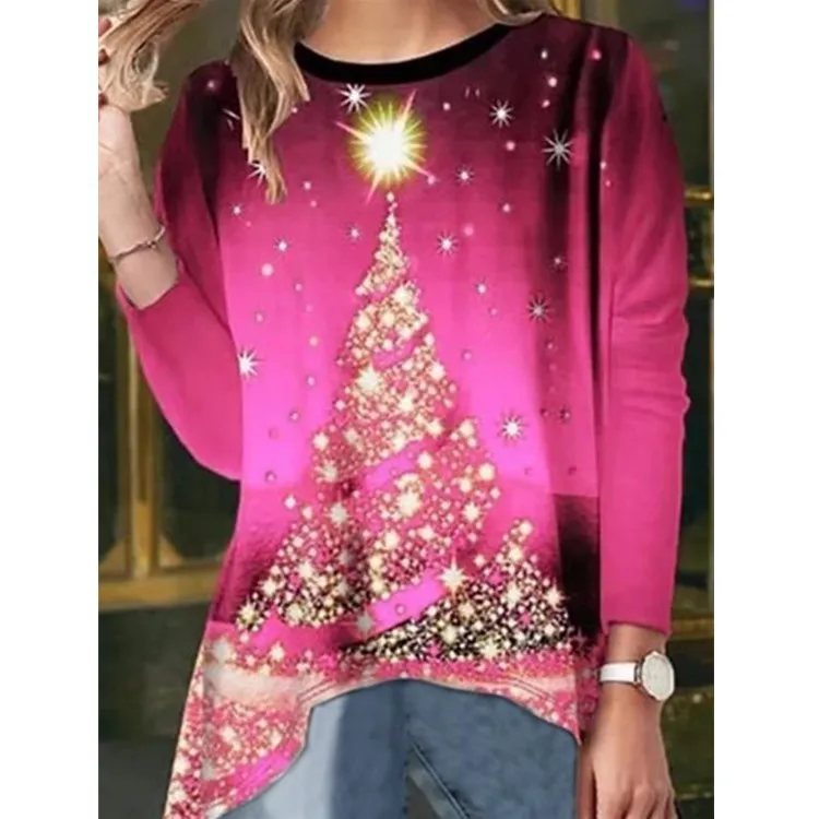 

New Lady Christmas Tree Print Round Neck Long Sleeve T-Shirt Top Plus Size Fashion Casual National Style Vintage loose T-Shirt