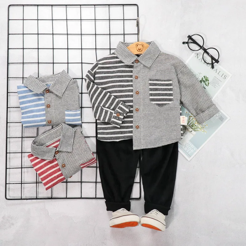 Спортивный костюм для мальчиков Комплекты из 2 предметов одежда для детей костюмы для маленьких мальчиков, рубашка в полоску + штаны одежда ...