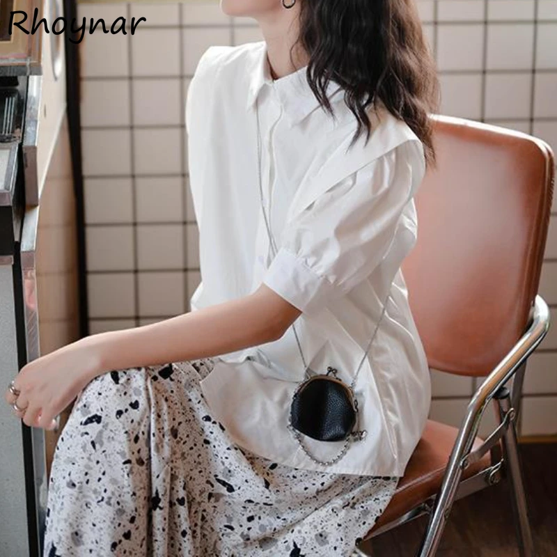 

Женские рубашки для отдыха, летняя модная универсальная женская мягкая блузка в Корейском стиле, однотонная простая уличная одежда с пышны...