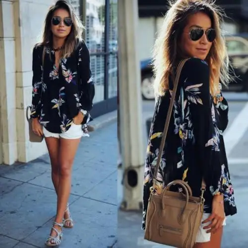 

Женская блузка топы с цветочным принтом, Свободная шифоновая футболка с длинными рукавами, рубашка блузка Топы