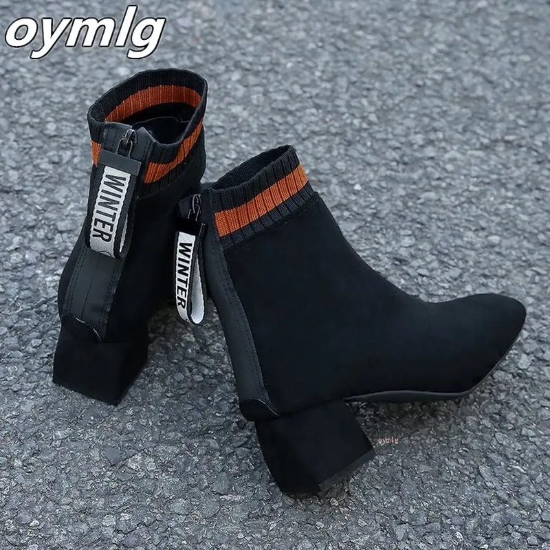 

Autumn Winter Knitted Stretch Fabric Socks Women Boots Low heel Short Pointed Toe Ankle Black Khaki Botas Mujer Plus Size 35-43