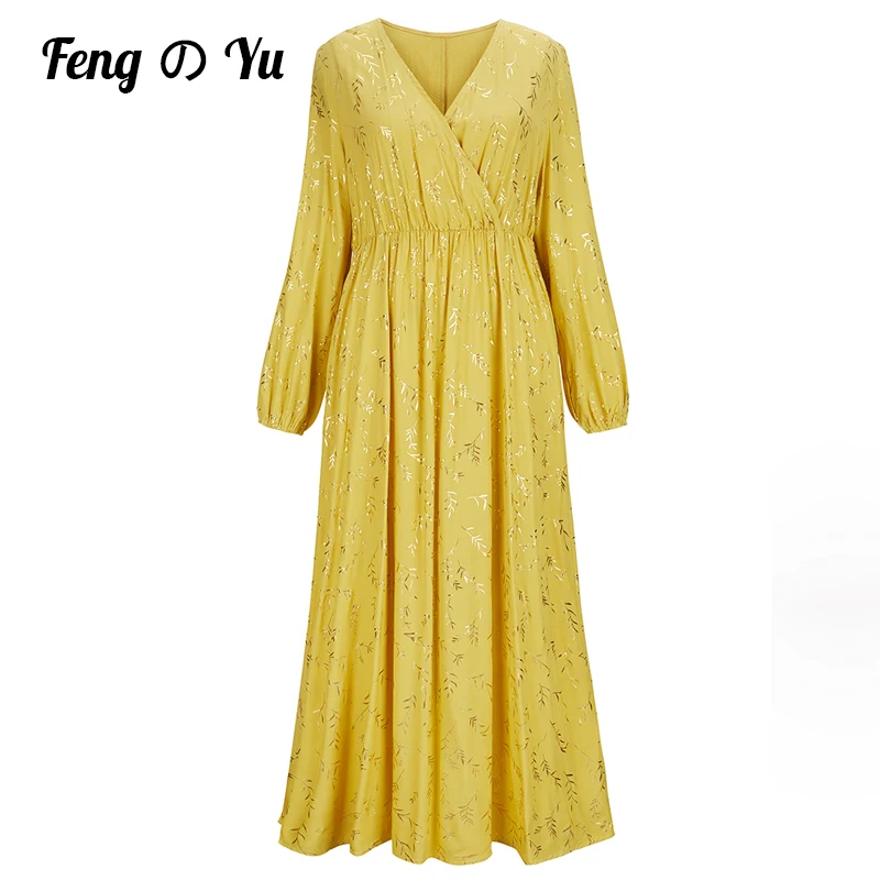

Autumn Floral Dress Female V-Neck Elastic Waist Long Skirt Elegant Long-Sleeved Slim High Waist Spring Woman Party Dress Vestido