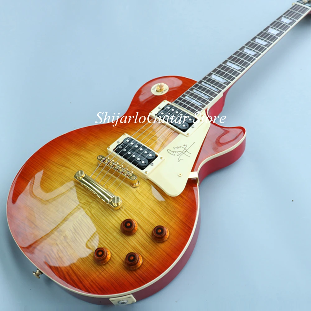 

ЭЛЕКТРИЧЕСКАЯ ГИТАРА LP на заказ, с оранжевым, красным тигровым пламенным корпусом, фингерборд из палисандра, золотая фурнитура, два пикапа, бесплатная доставка