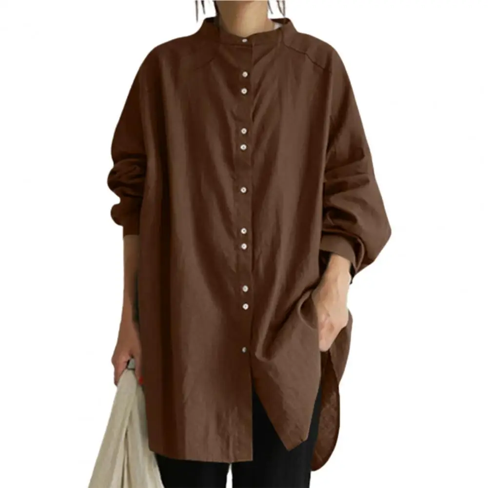 

Plus Size Women Shirt Solid Color Long Sleeve Loose Female Single Breasted Buttons Cuff O-Neck Long Shirt Autumn Ladies Clothing