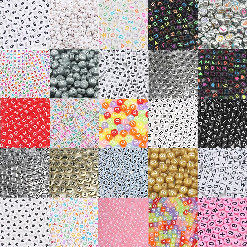 100/200/300/500Pc Misto Inglese Rotondo Quadrato Lettera Perline Cuore Alfabeto Perline Perle Acriliche Per Gioielli Che Fanno Accessori Fai Da Te