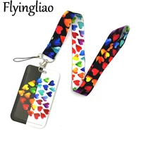colorful rainbow love hearts lanyard credit card id holder bag student women travel card cover badge car keychain decorations