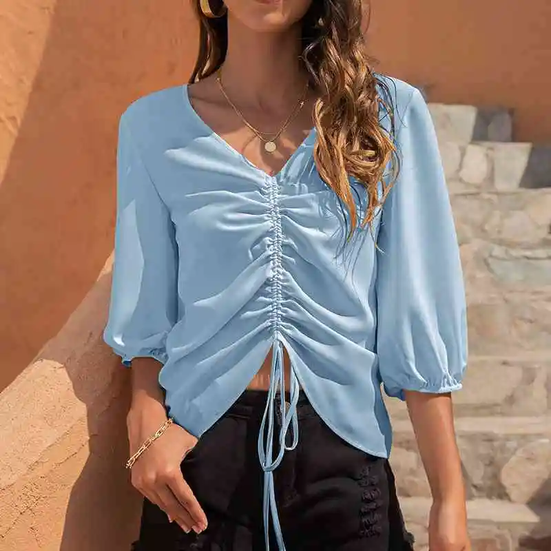 

Летняя женская блузка с V-образным вырезом, повседневный топ на шнуровке, пуловеры, блузы, рубашка, женские элегантные пляжные шифоновые блу...