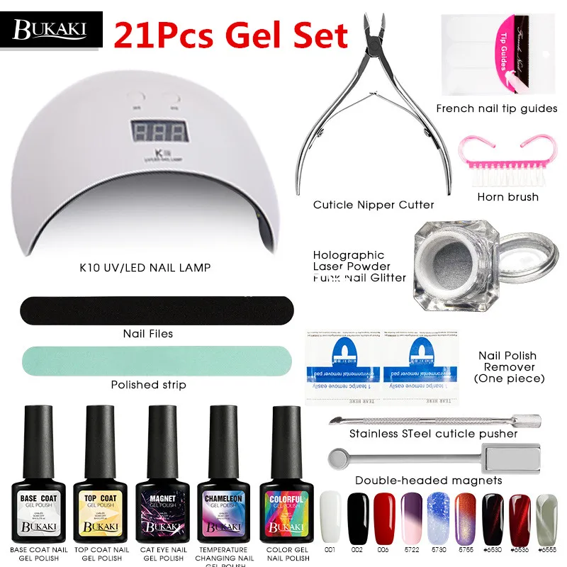 24W Led 21Pcs Set 1 BUKAKI 1 набор французский телесный цвет лак для ногтей уф-гель светодиодный светильник гибридный гвоздь кошачий глаз изменение температуры цвет гель лак для ногтей наборы - Цвет: 24W Led 21Pcs Set 1