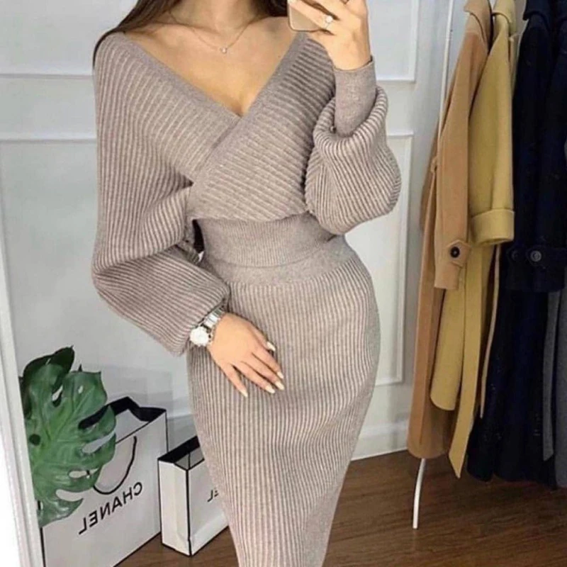 

2019 V-neck Knitting Sweater Women Set 2 Piece Pullovers Skirt Outfits For Women Suit Casual Shoulder Off Top Pack Hip Women Set