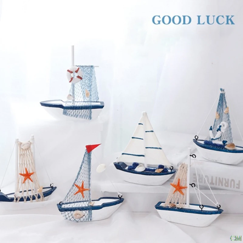 

Sailboat Model Wooden Sailing Boat Home Decoration Beach Nautical Design Navy
