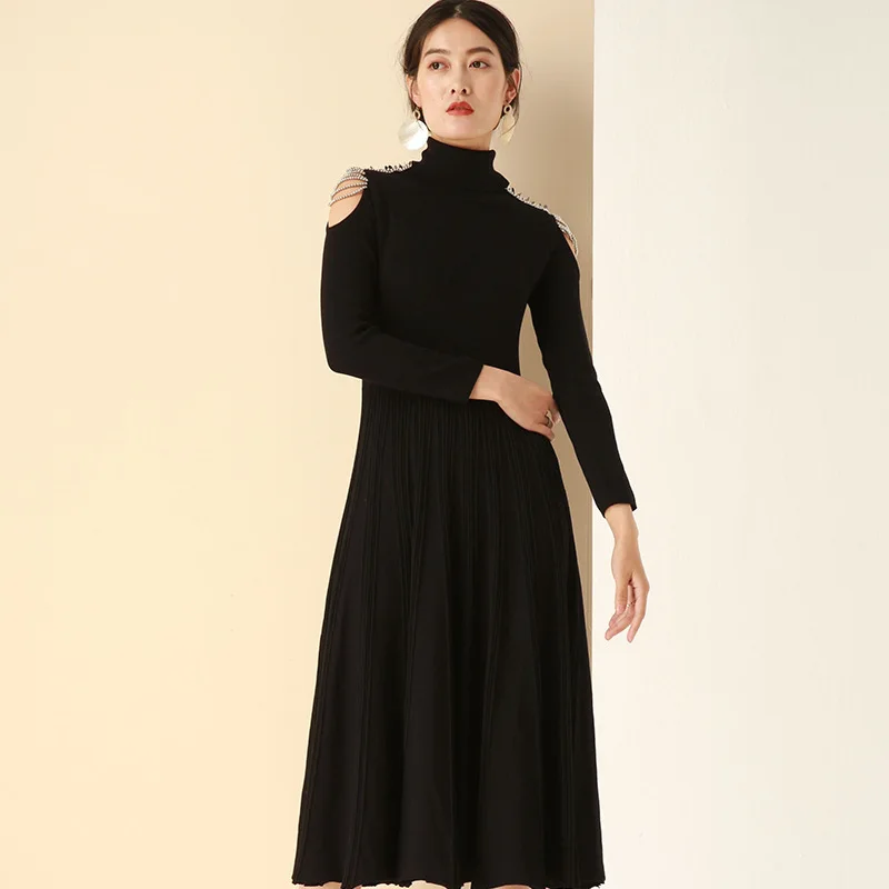 Новый осенне зимний свитер вязаный черный эластичный Водолазка с длинным