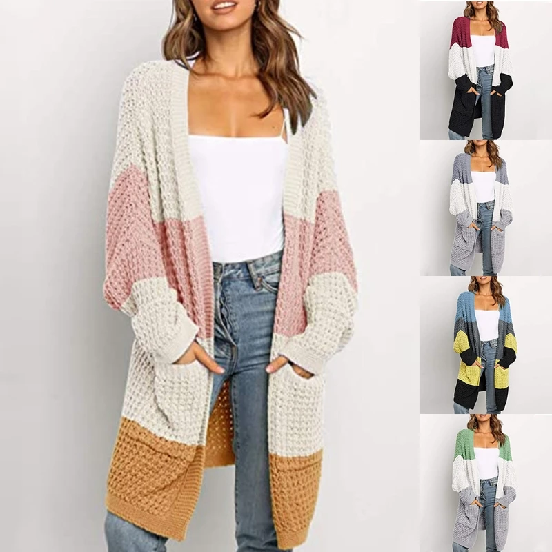 

Women Autumn Batwing Long Sleeve Cardigan Chunky Knitted Open Front Sweater Coat Color Block Patchwork Oversized Slouchy Loose O