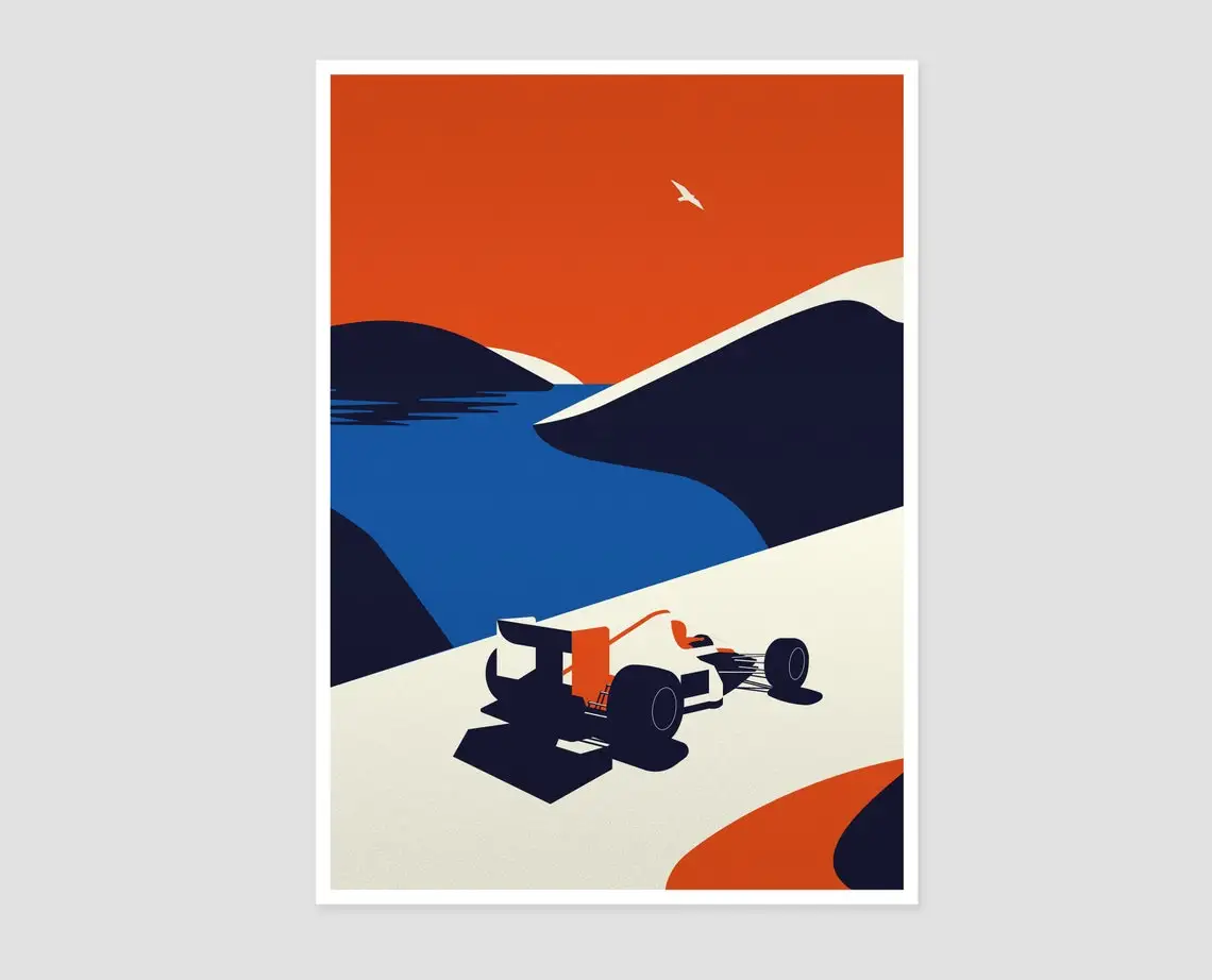 Пейзаж из путешествия мультфильм 80s плакат с автомобилями красочный автомобиль