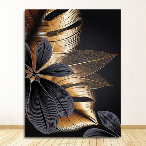 Pintura de arte Pintura nórdica Decoração da sala de estar Picture Black Golden Plant Folha Canvas Imprimir Modern Home Decor Modern Abstract Wall Wall