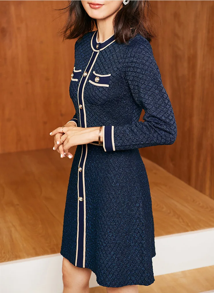 Элегантное трикотажное женское платье-джемпер осень 2019 модное однобортное