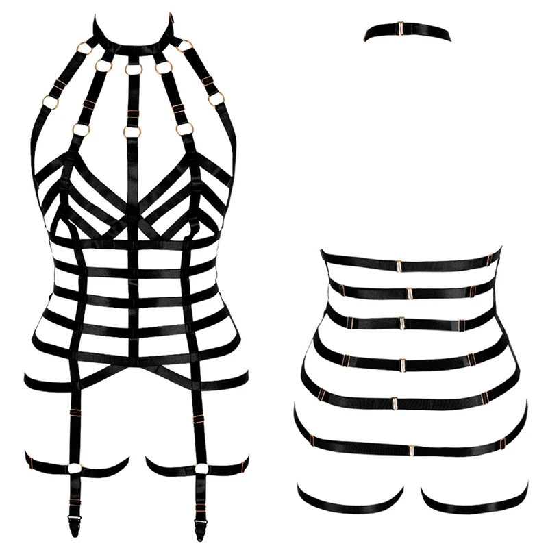Черное сексуальное нижнее белье для бондажа набор ремней тела женские Полые