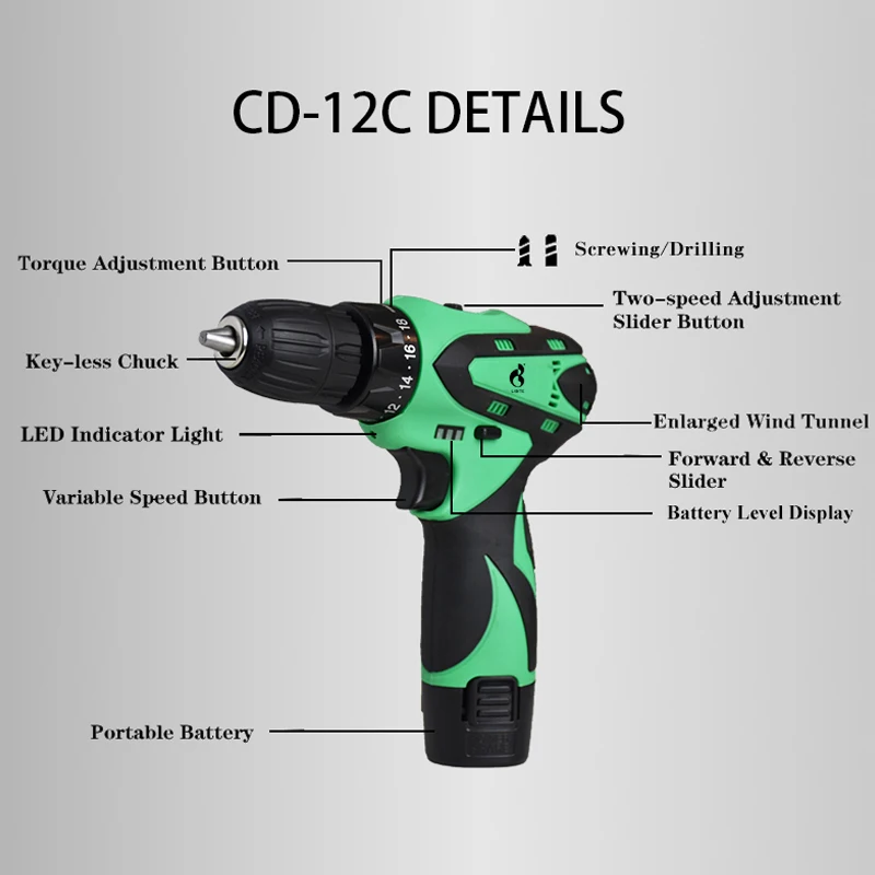 

12V 20V Cordless Lithium Battery Hand Drill DIY Tool Mini Wireless Screwdriver