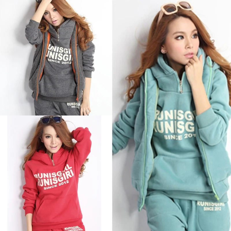 

Sports Suit Women Winter Long Sleeves Hooded Sweatshirt with Side Pockets Zipper Hoodie Waistcoat Solid Color Pants Casual