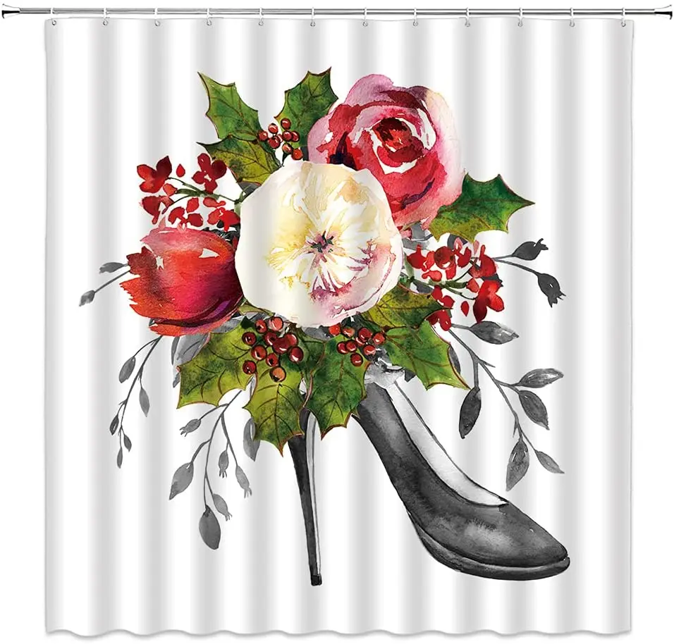 

High Heels Shower Curtain Watercolor Flowers Green Leaves Spring Blooming Petals Plant Printing Elegant Woman Girl Bath Curtain