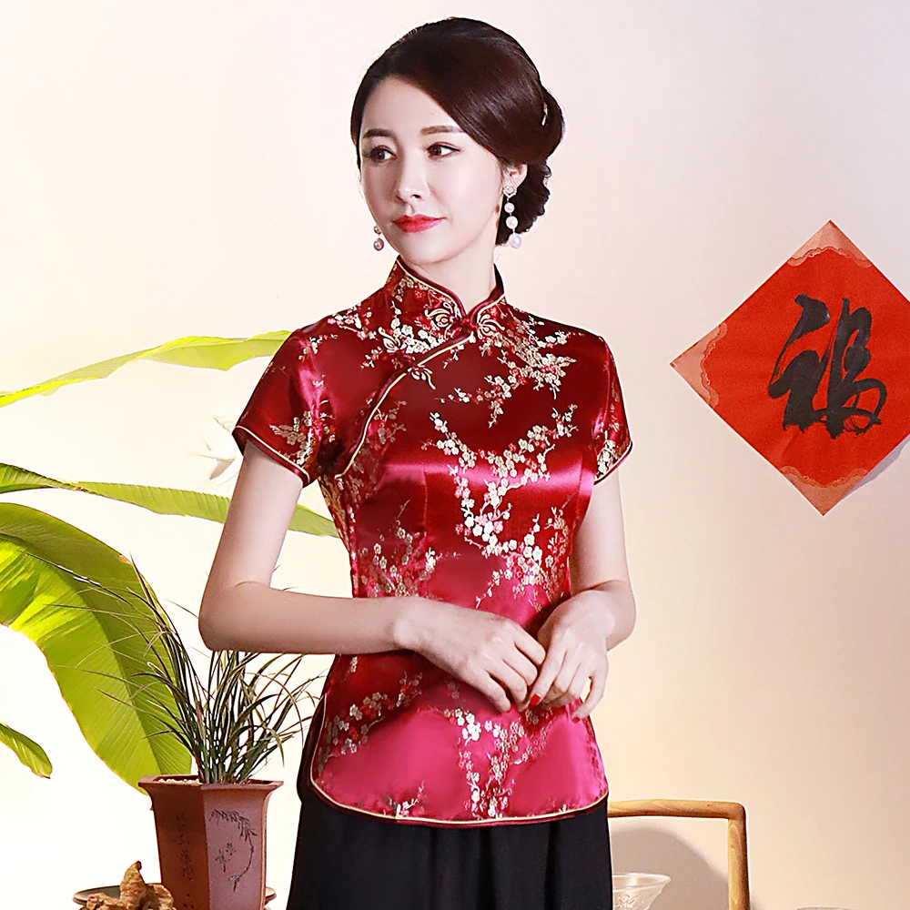 Рубашка Женская атласная с коротким рукавом черный топ в китайском стиле на