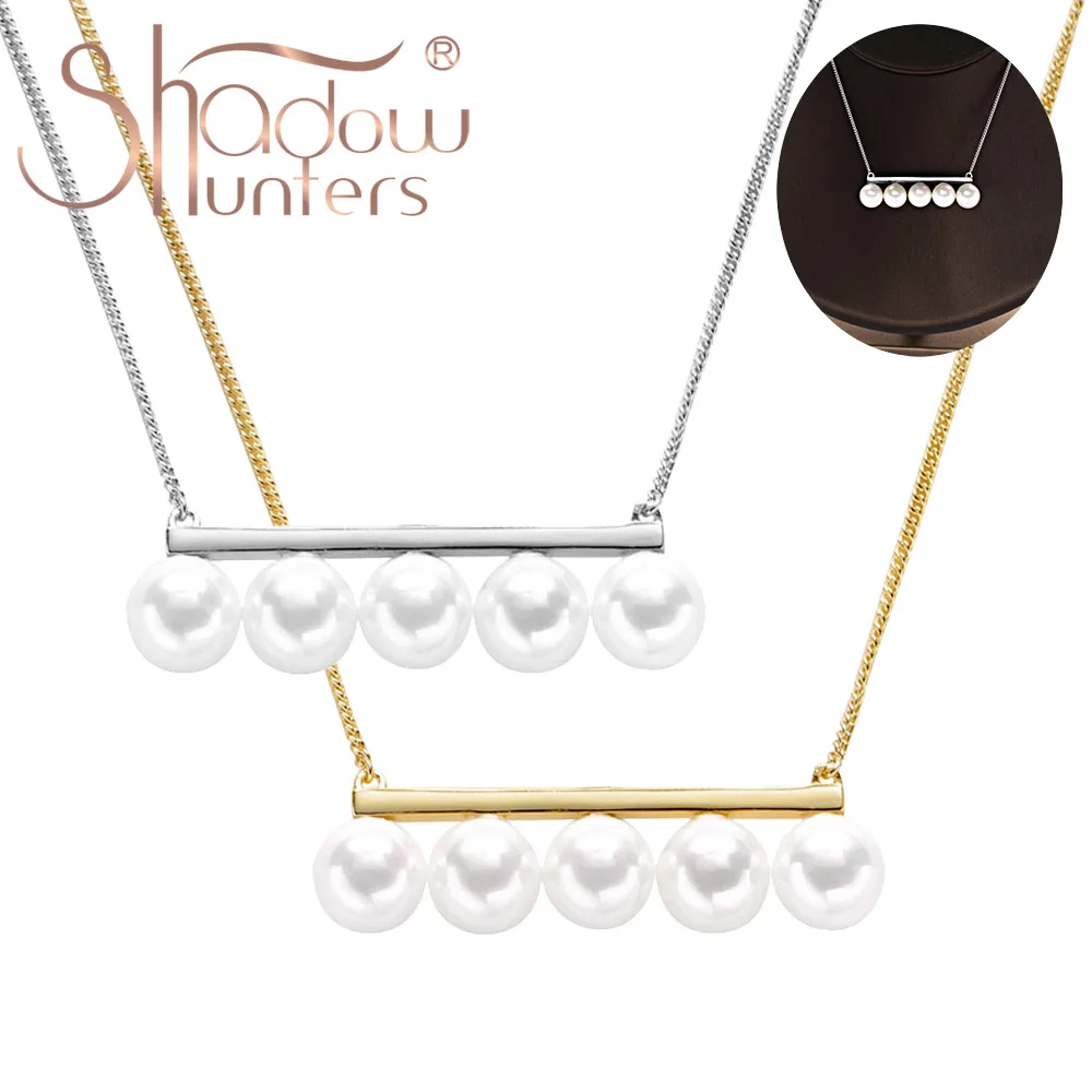 

SHADOWHUNTERS Pearl Jewelry 925 Sterling Silver Balance Bar Necklace With Five Pearls Luxury Somalis Chain Janpan Korean Trend