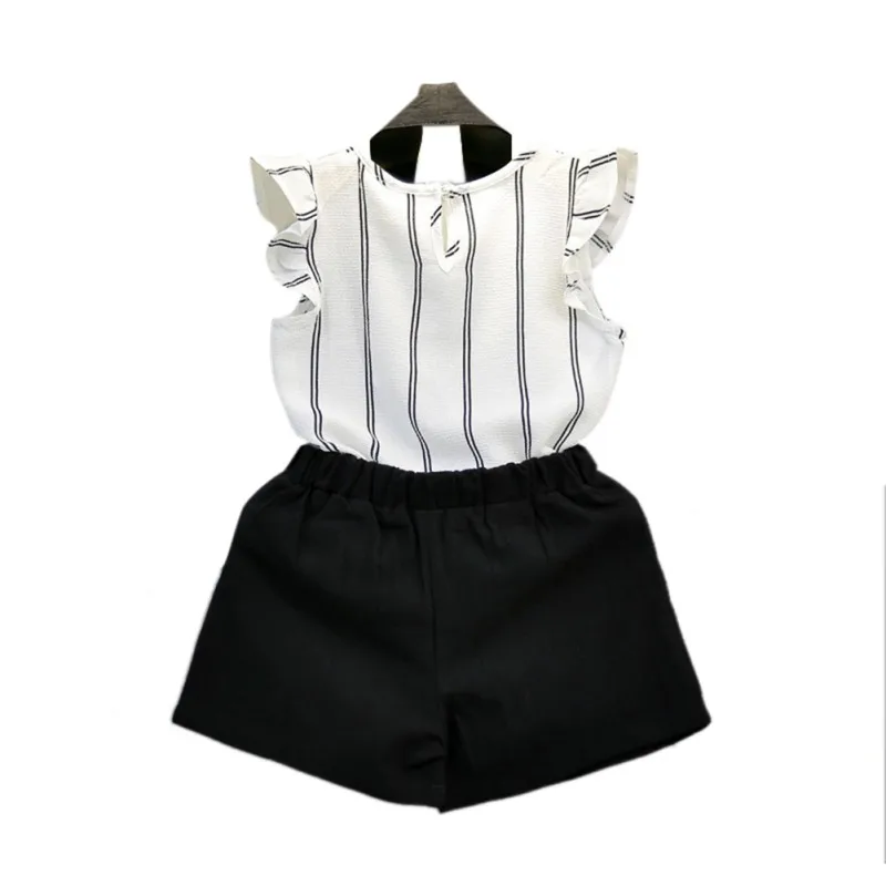 Модный комплект одежды для девочек черно белая футболка в полоску с пышными