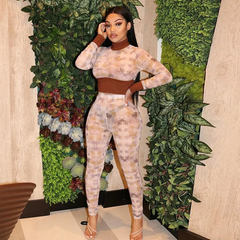 

Casual Floral Print Color Block Patchwork Tracksuit Women Jogging Femme Turtleneck Long Sleeve Crop Top + Leggings Two Piece Set
