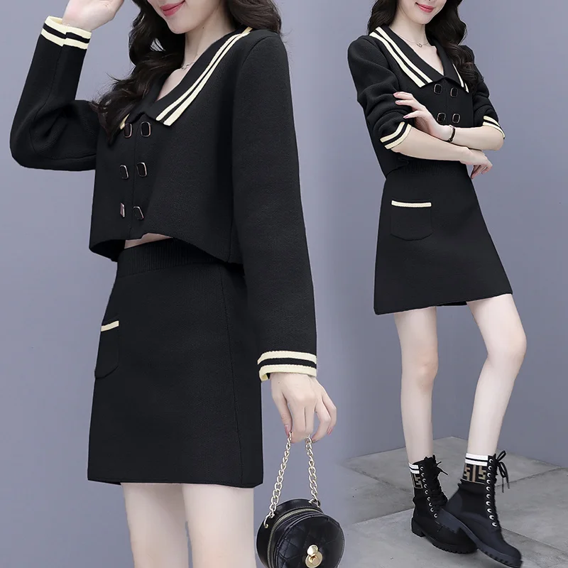 French Style Knitted Dress Suit Small Autumn and Winter Clothing New Waist-Tight Slimming Sweater Two-Piece Set | Женская одежда