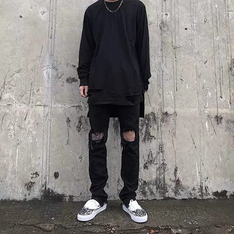 

Hole Ripped Black Men Distressed Jeans Streetwear Hip Hop Pants Capris Pocket Straight Pencil Skinny Denim Male Casual Trousers