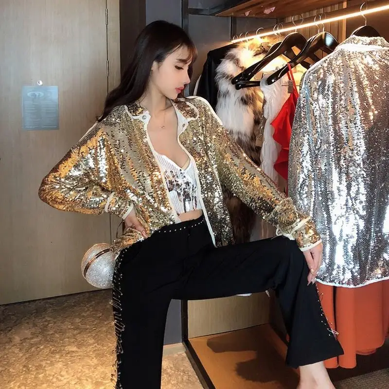 Осенняя Женская шикарная куртка с блестками пальто уличная одежда золото