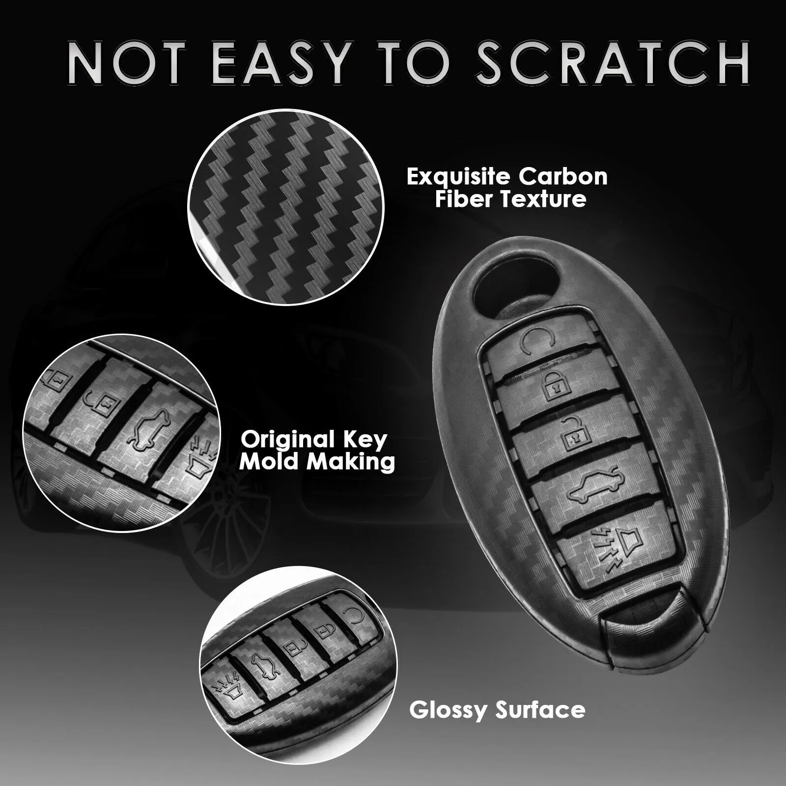 

1pcs Matte Black Car Key Case Carbon Fiber Style Smart Key Fob Cover Case Holder For Nissan Infiniti 5 Button