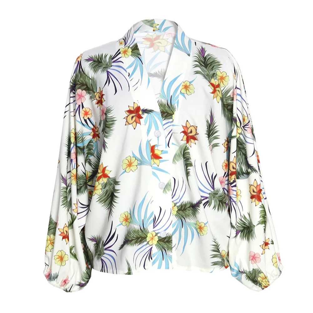 

2020 Autumn New Sexy Deep V Neck Long Puff Sleeve White Floral Print Shirt Women Top P803
