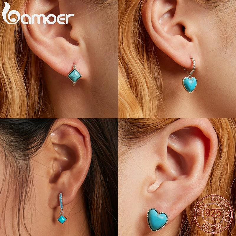 

BAMOER Silver Turquoise Stud Earrings for Women 925 Sterling Silver Heart Ear Buckle Square Pattern Hoop Earrings Gift Jewelry