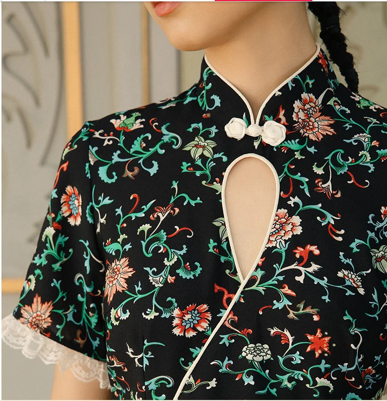 

Women Chinese Style Lace Qipao Dress Fashion Elegant Floral Cheongsam Dresses Traditional Oriental Clothing Lady Party Vintage V