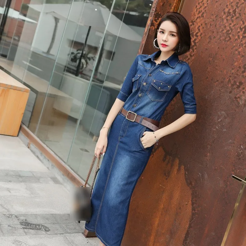 3Xl осень весна женское плюс размер офисное джинсовое платье Ковбойское с поясом