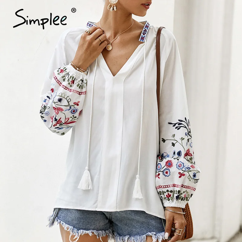 Женская винтажная блузка с вышивкой Simplee белая длинными рукавами и кисточками