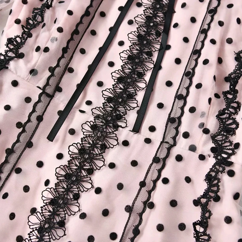 

AELESEEN Runway Fashion Dots Print 2021 Spring Summer Lantern Sleeve Casacding Ruffles Elegant Long Party Holiday Dress