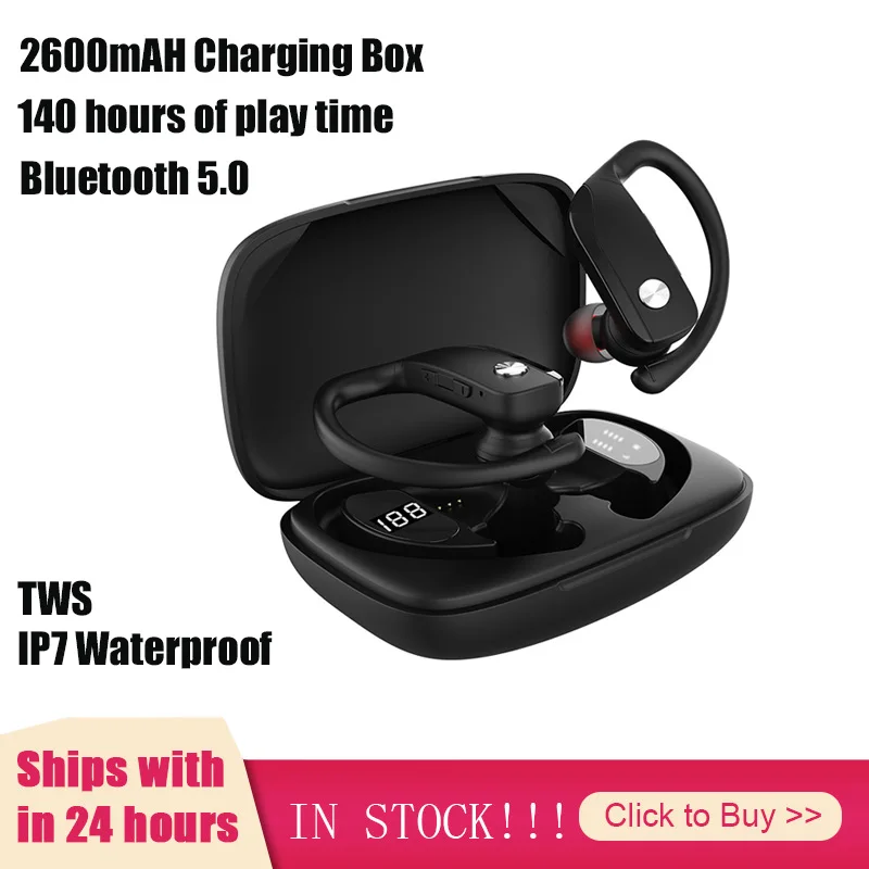 

2600mAH Charging Box Wireless TWS Bluetooth 5.0 Earphones Sports Waterproof Headphone LED Display Earphone Ear Hook Headset