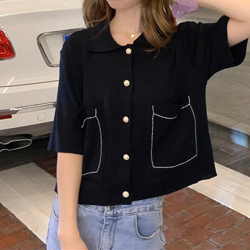 

Women's Summer Blouses 2021 Knit Elegant Button Up Shirt Short Sleeve White Black Top Female Casual Vintage y2k Korean Fashion