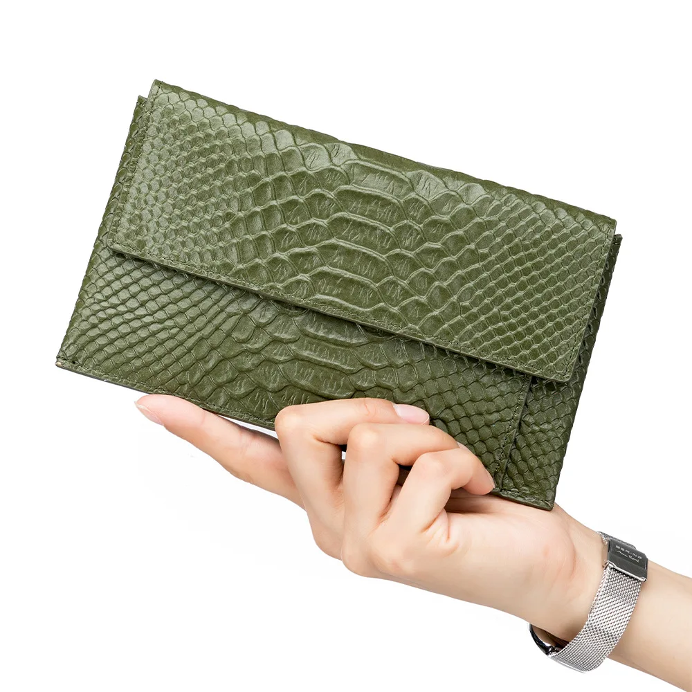 Cult Design First Layer Snake Texture Cow Leather Multi-Functional Women Long Wallet Handbag Flap Style Hasp Cover Slim Purse