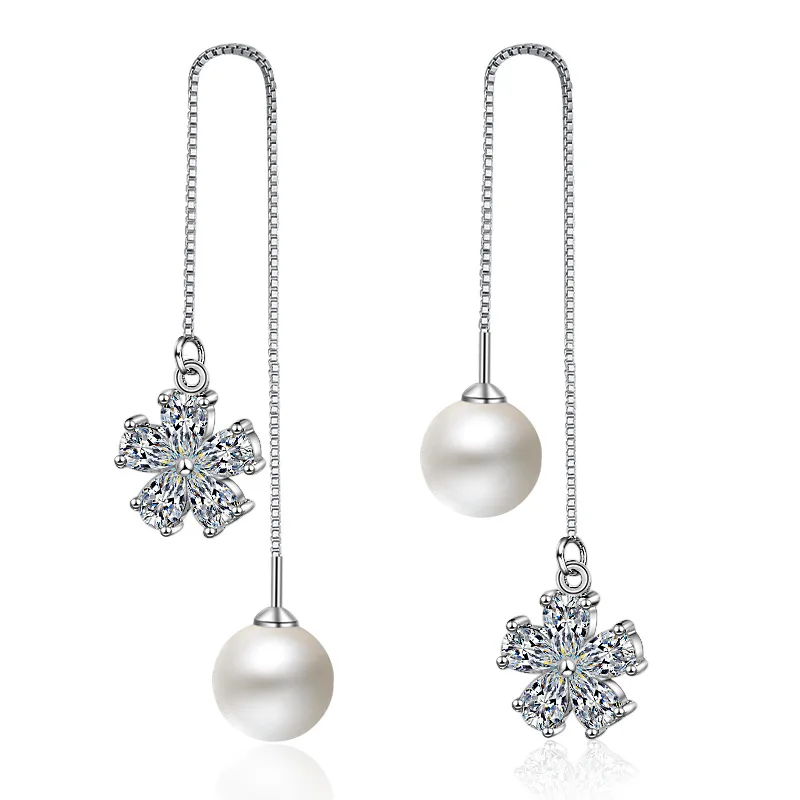 

Trendy Shine Ice Flower Cubic Zirconia Pearl 925 Sterling Silver Lady Long Tassel Stud Earrings Wholesale Jewelry Gift