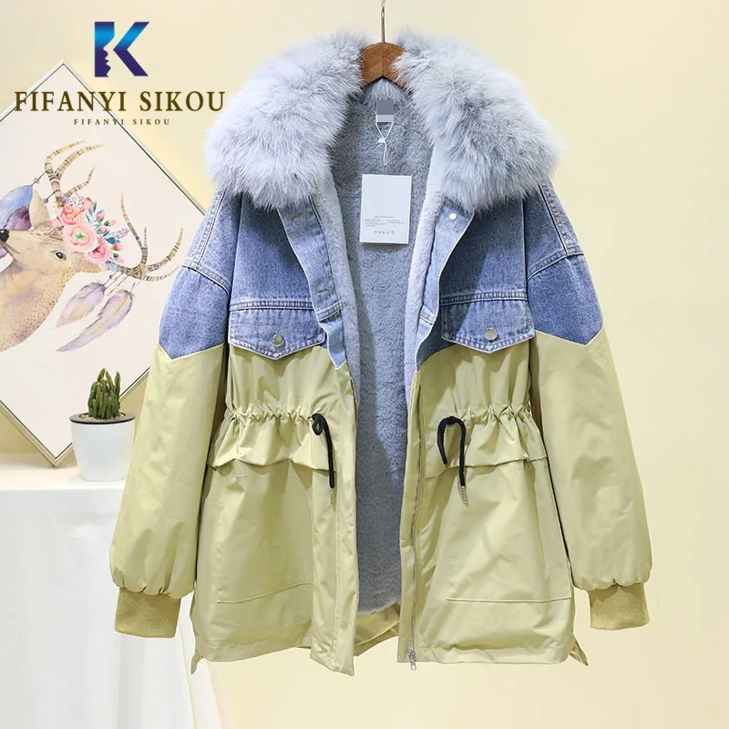 2019 зимняя куртка для женщин комбинированное платье из джинсовой и штормовка